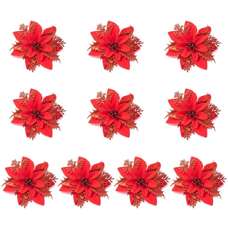 

10 Pieces 14cm Glitter Artificial Christmas Flowers Poinsettia Ornaments for XmasTree Wreath Christmas Decorations New красный