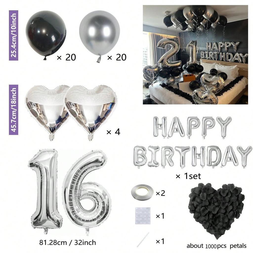 1050pcs Black & Silver Party Balloons Decorations with Silver Happy Birthday Banner Chrome Silver Balloons for kids and adults