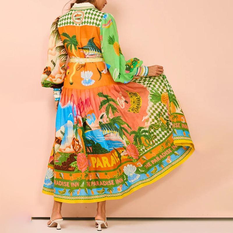 Women's Clothing, Printed, Lantern Sleeves, Waistband, Shirt Skirt, Waist Cinching, Dress