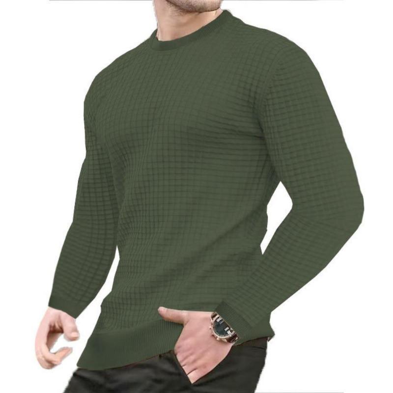 Men's Fashion Waffle Pullovers Long Sleeve O-Neck Solid Color Soft Comfortable Skin-friendly Slim Male Tops