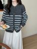 Women's Color Block Stripe Horn Button Cardigan Sweater - Loose Style, Autumn/Winter 2025 Korean Knitwear