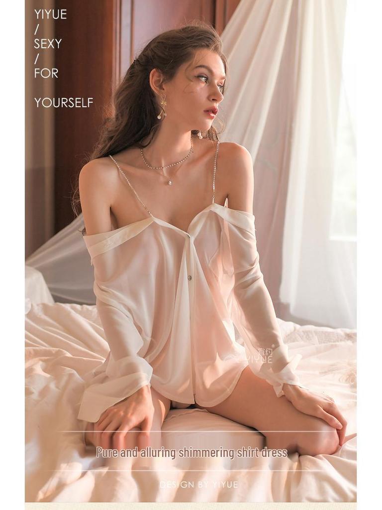 Yi Yue Women's Sexy Diamond Chain Camisole Pajamas - Erotic See-Through Chiffon Nightdress Style 8476