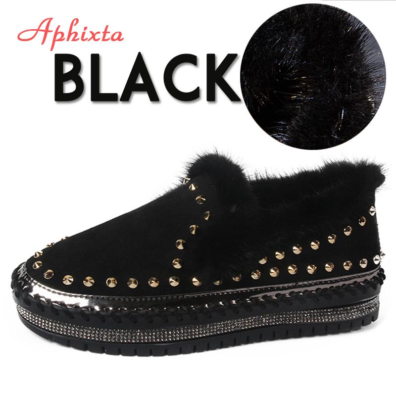 Aphixta Real Mink Fur Shoes Women Flats Luxury Rivets Hand Stitching Winter Shoes Woman Crystals Slip-on Platform Footwear