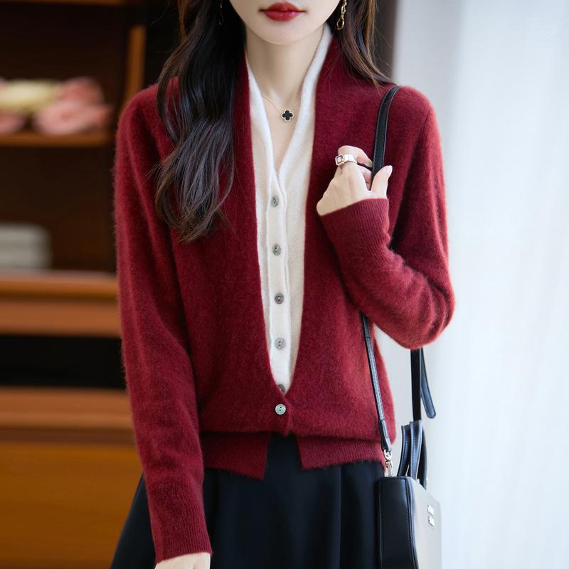 V Yaka Renk Bloklu %100 Yün Örgü Hırka - Sonbahar & Kış İki Parçalı Fransız Günlük Kazak Ceket