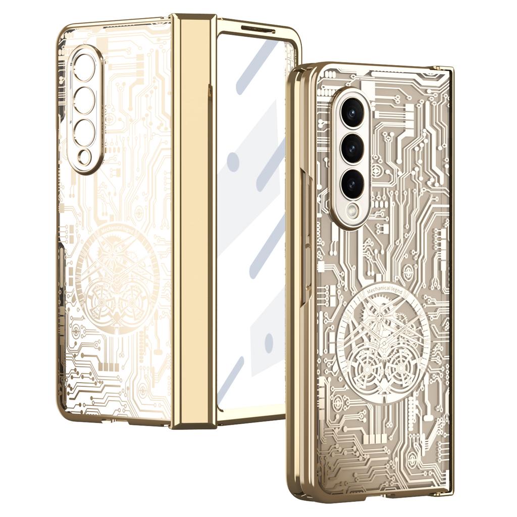 For Samsung Galaxy Z Fold4 5G Mechanical Legend Series Electroplating Phone Case Hard PC Shockproof Cover with Tempered Glass Film