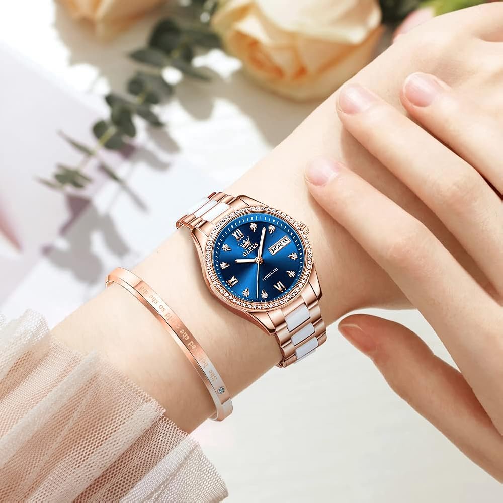 OLEVS Women's Stylish Mechanical Watch with Date, Bracelet, Ceramic, Blue