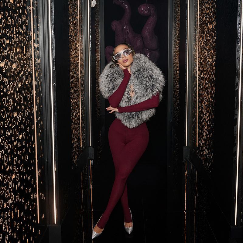 European Fashion Spicy Girl Autumn/Winter 2025 Women's Long Sleeve Fur Bodysuit Tights