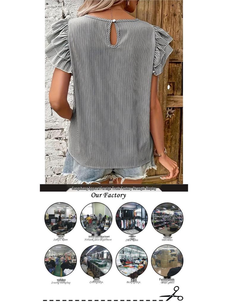 2026 European & American Summer Women's Striped Ruffle Sleeve Top