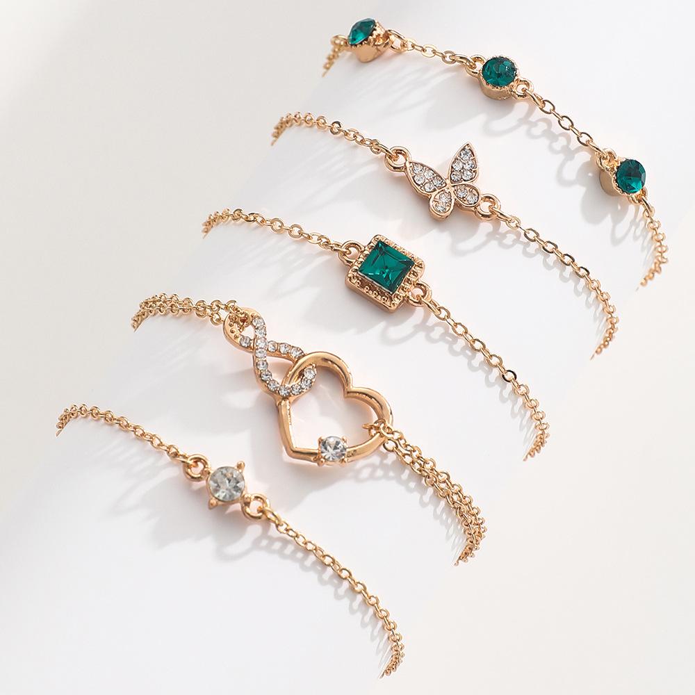 5Pcs  Green Crystal Bracelet Set For Women Butterfly Heart Charm Gold Silver Color Chain Bangle Female Trendy Jewelry