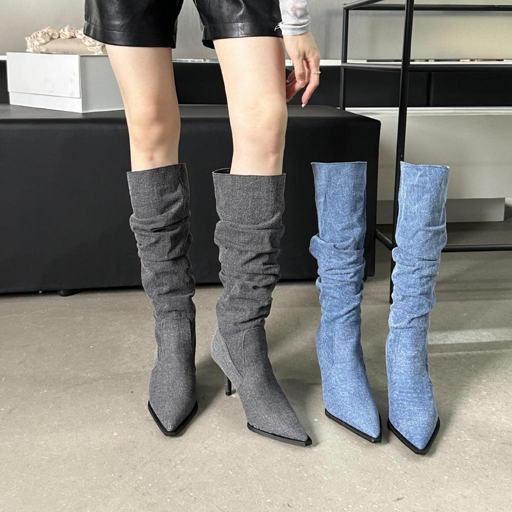 2025 European and American wasteland boots women's retro babes cowboy boots thin heels pointed pile boots wide tube boots