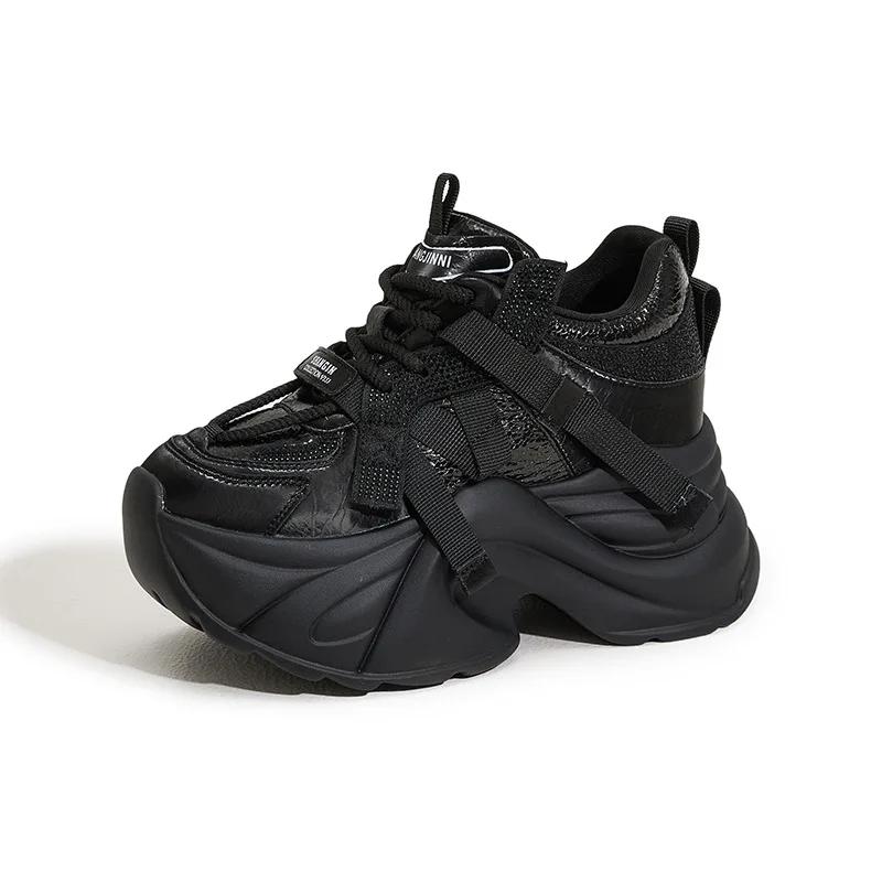 Fashion 9CM High Platforms Women's Vulcanize Shoes New Spring Popular Street Tide Female Dad Shoes Thick Bottom Leather Chunky Sneakers