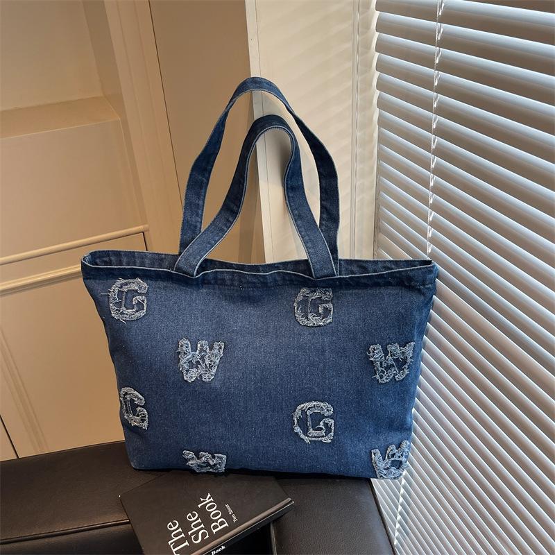 Large Capacity Letter Denim Bag Class Commuter Bag Women's New Trendy Casual Versatile Shoulder Bag