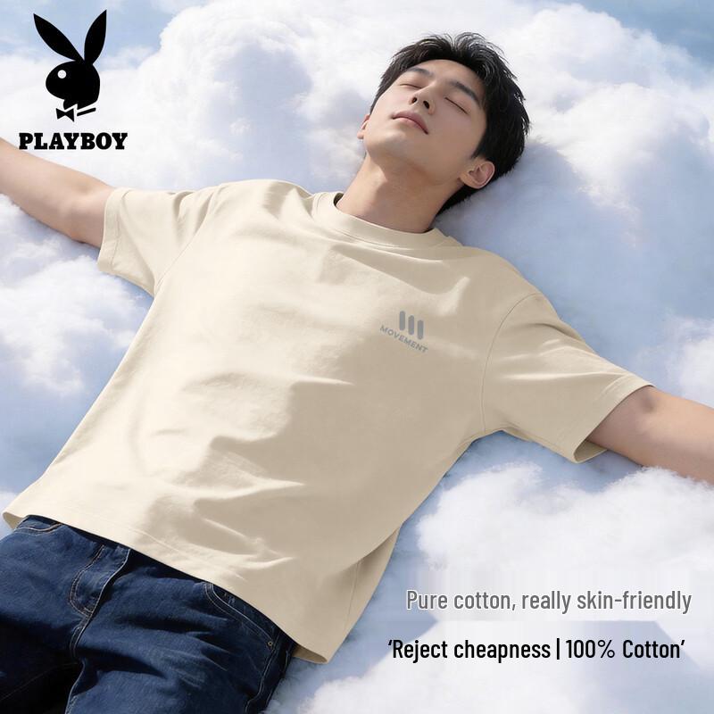 PLAYBOY Men s 2026 Casual Loose Fit Pure Cotton Short Sleeve T-Shirt M