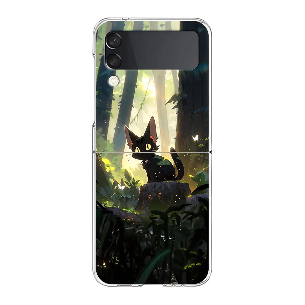 Artistic Black Cat Starry Night Phone Case For Samsung Galaxy Z Flip 3 4 5 Hard Folding Clear PC For Samsung Z Flip 6 Back Cover