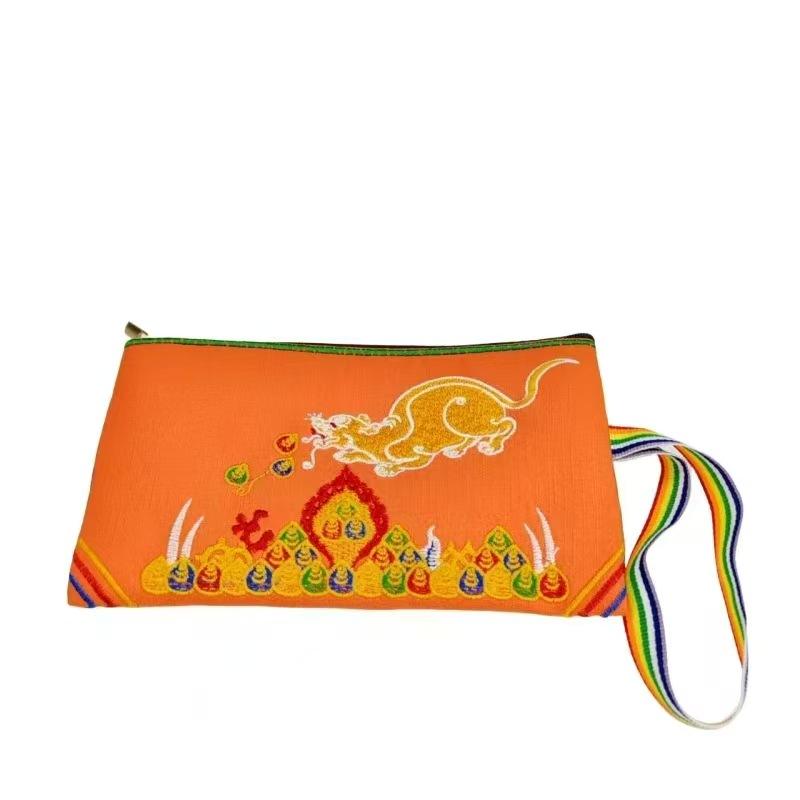 Tibetan-style Embroidered Canvas Bag/Large-capacity Double-layer Clutch Bag Storage Mobile Phone Cards Keys Buddhist Decoration
