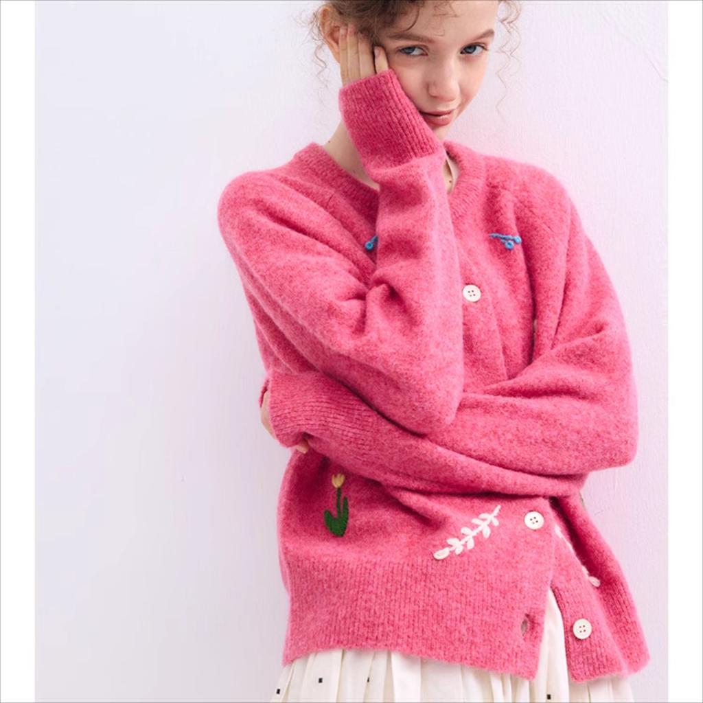 Dimanaf 2025 Autumn Jacket Women Sweaters Coat Embroidery Wadded Coat Cardigan Knitting Pockets Blue Pink Sweater