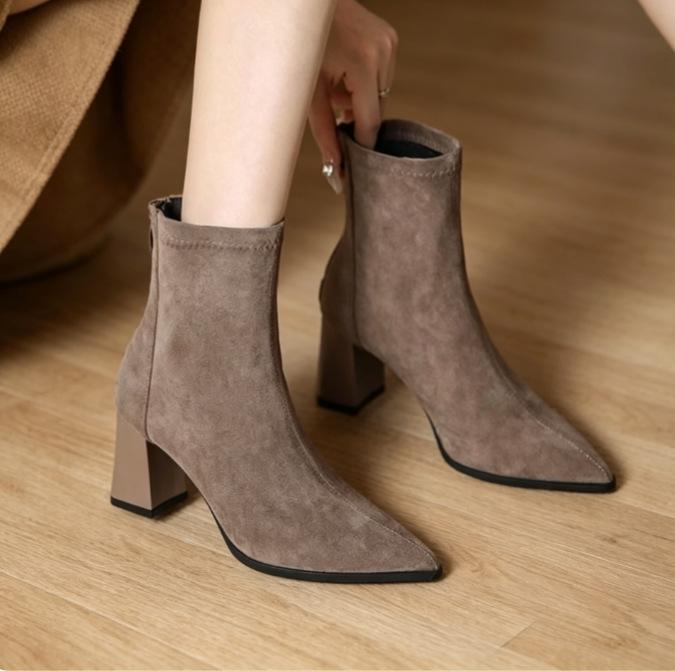 Simple pointed suede ankle boots rear zipper square thick heel slim fit thin workplace dating autumn and winter women's short boots