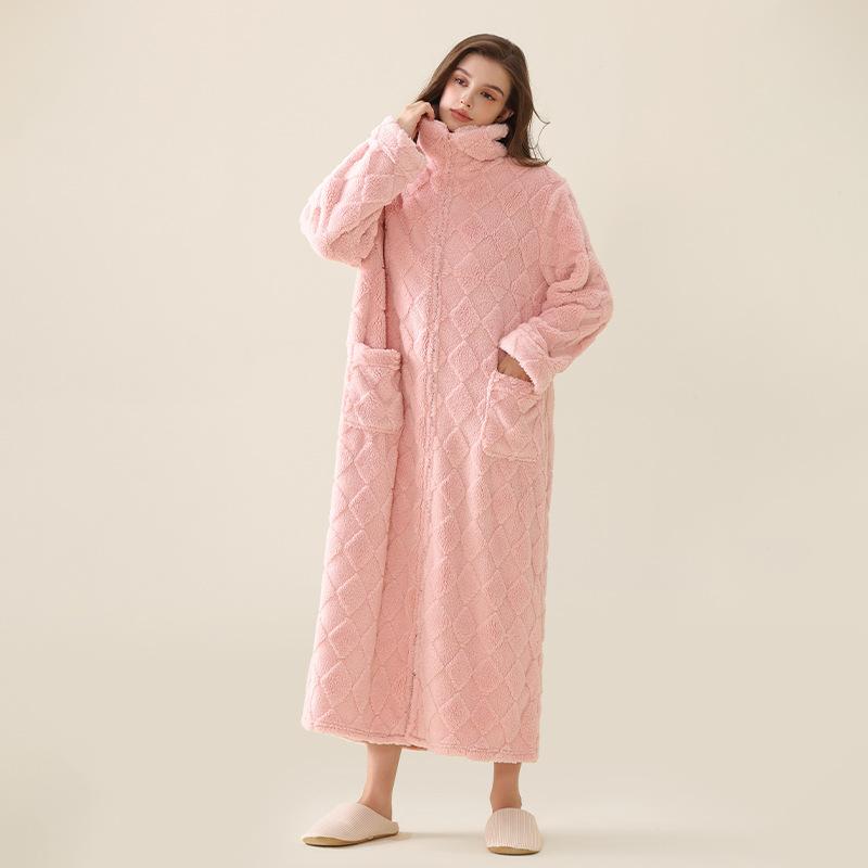 Men's Plush Bathrobe Zipper Up Long Housecoat Winter Warm SPA Fleece Duster Robe with Pocket Flannel Full Length Loose Fit Nightgown Sleepwear for Men
