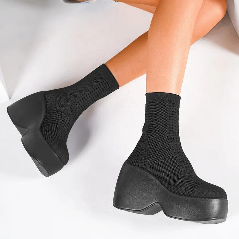 Chunky Platform Knitted Stretch Boots Gothic Wedges Women Ankle Boots Punk Slip-On Sock Boots Winter Trendy Women Shoes