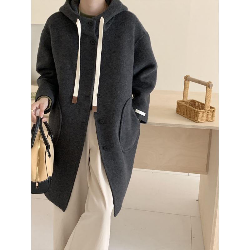

Корейское свободное повседневное пальто в форме кокона с капюшоном из двух сторон, однобортное пальто средней длины для женщин на осень и зиму M