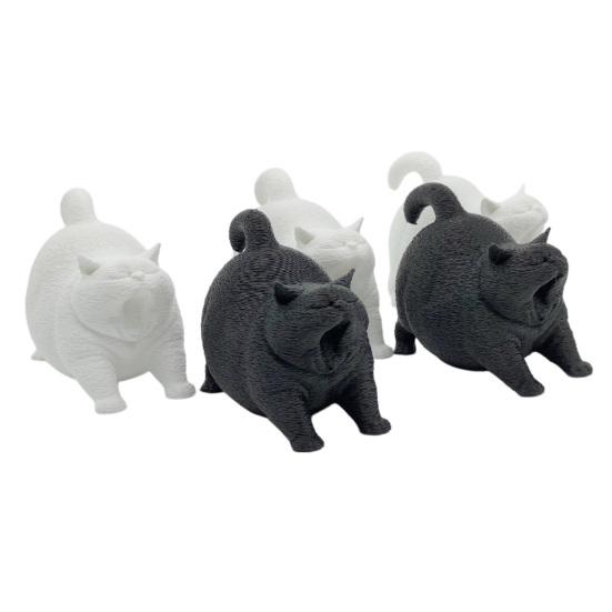DYS 3D Printed Cute Yawning Chubby Cat Figurine, Black White, Wide Stable Anti-Tipping Base, Desktop Decor for Pet Shop Bedroom & Lover Birthday