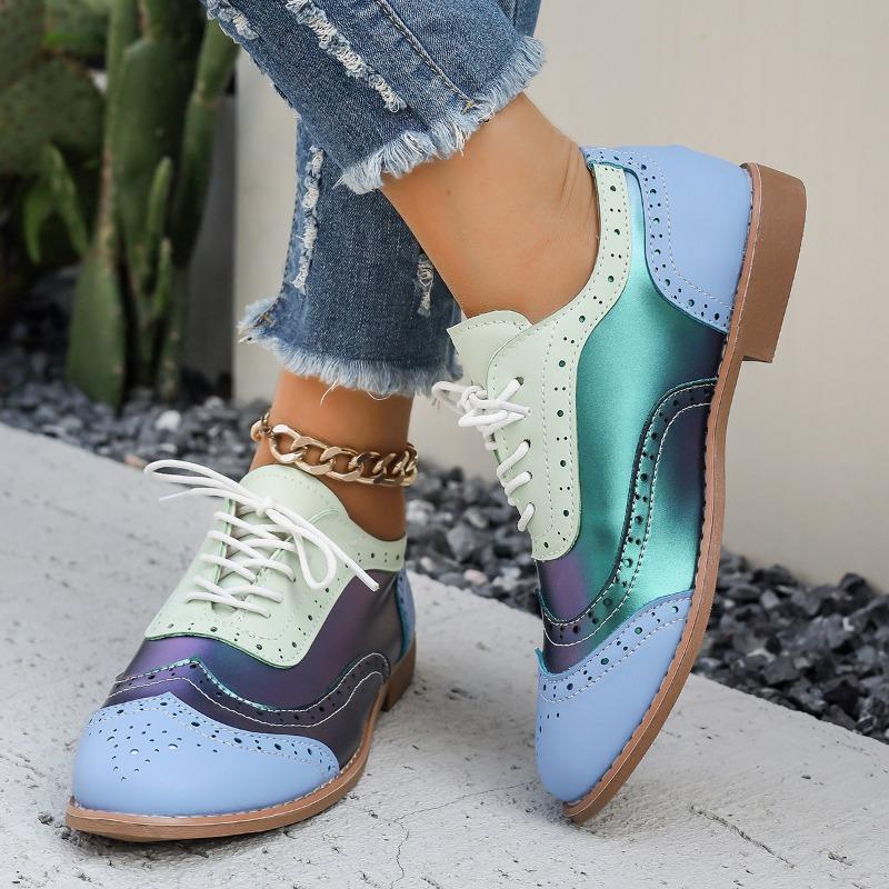 Spring and Autumn Flat-bottomed Brock Single Shoes Women's Color Matching Lace-up Round Head Casual Women's Shoes