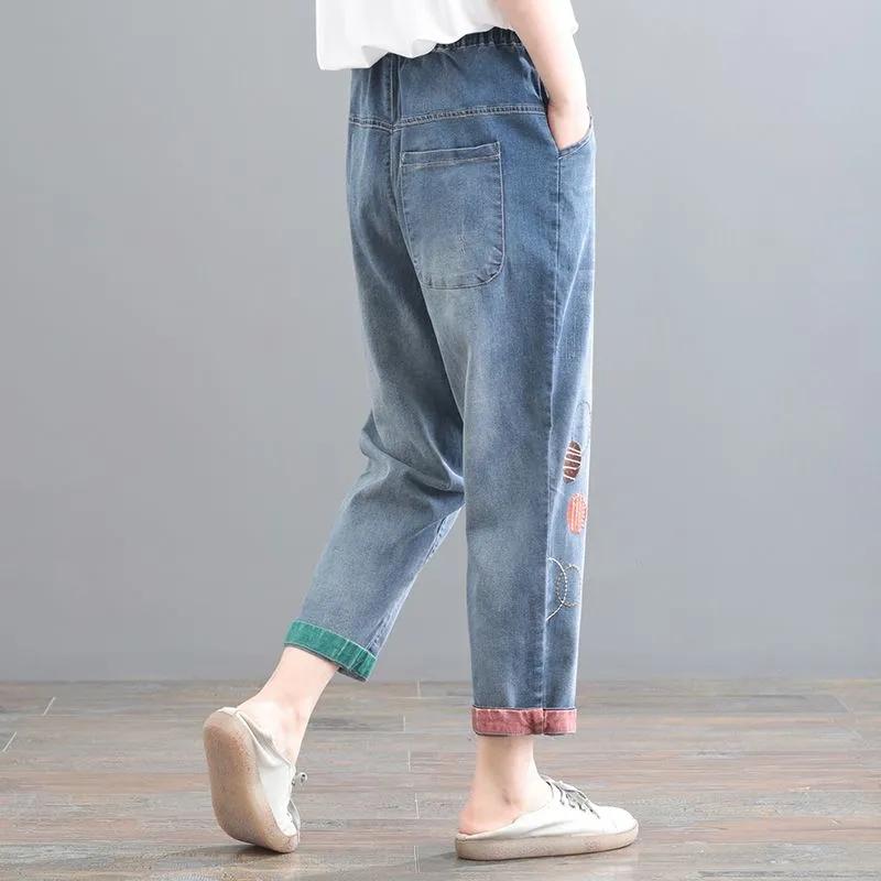 High Waisted Jeans for Women Spring Autumn Version Loose Embroidered Patch Fabric Nine Point Harem Pants Female