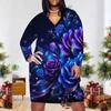 Women Plus Size V Neck Long Sleeve Blue Floral Printed Fitted Straight Dress