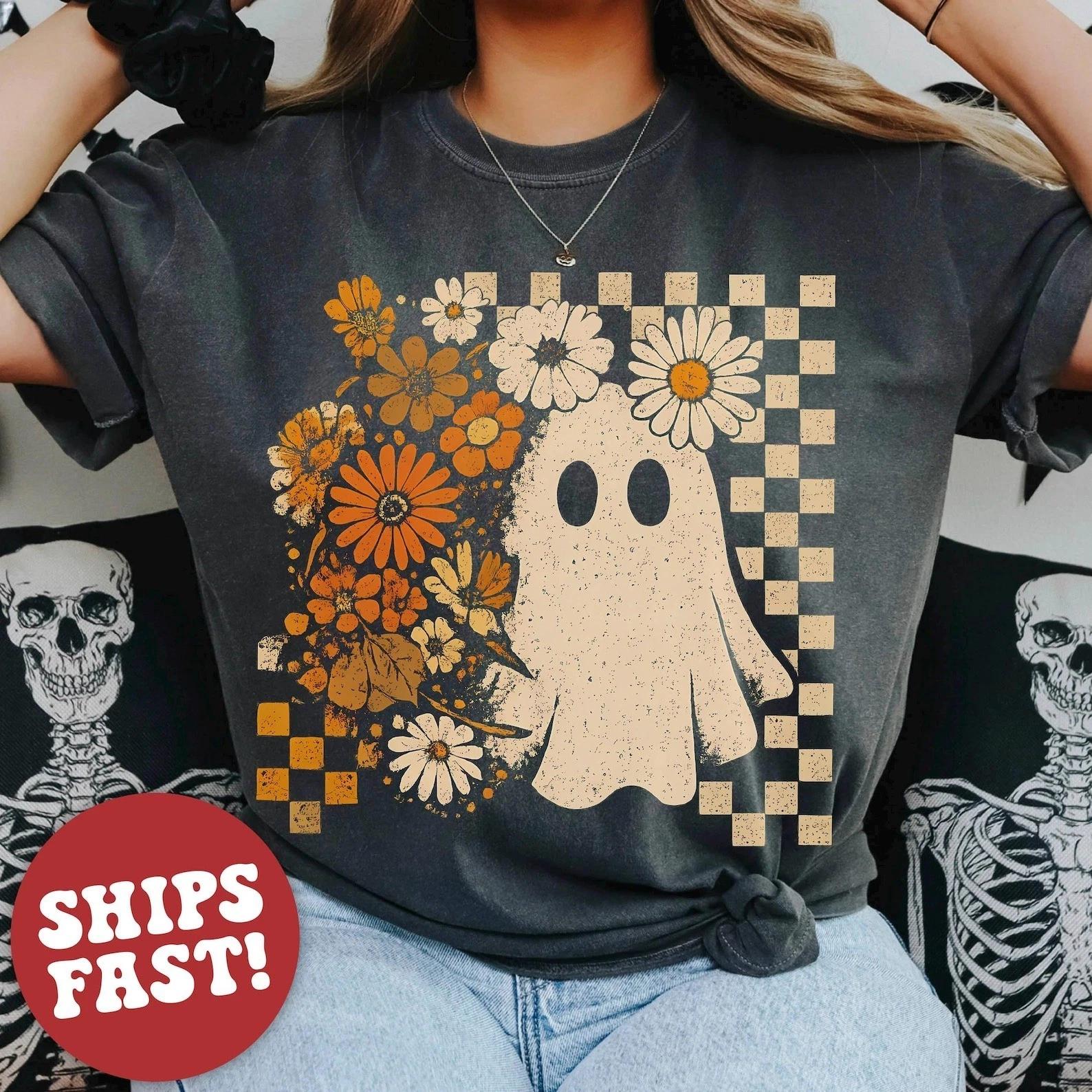 Halloween Floral Ghost Shirt, Cute Fall Shirt, Cottagecore Ghost Tee 3XL