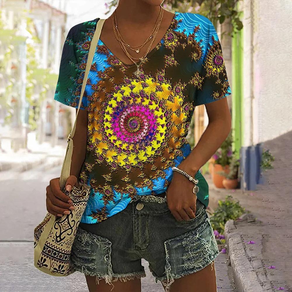 Rotating Visual Illusion 3D Printing Women's Casual Short Sleeved V-neck T-shirt