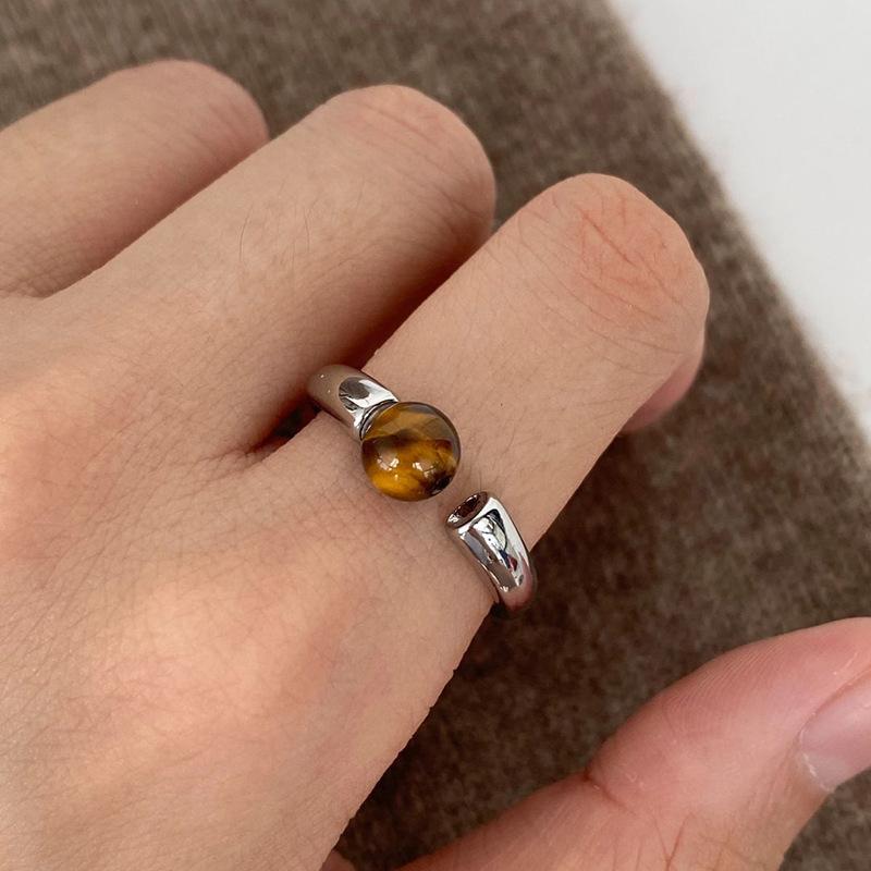Coffee color tiger's eye stone plain ring open ring casual simple light luxury ring daily commuting index finger ring female