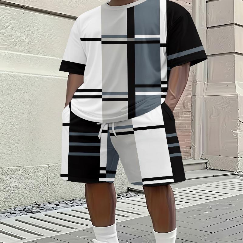 Men's Summer Geometric Set: Short Sleeve Tee & Matching Shorts with Bold Black-White-Grey Line Pattern. Loose Fit Big Size Streetwear for Daily Wear