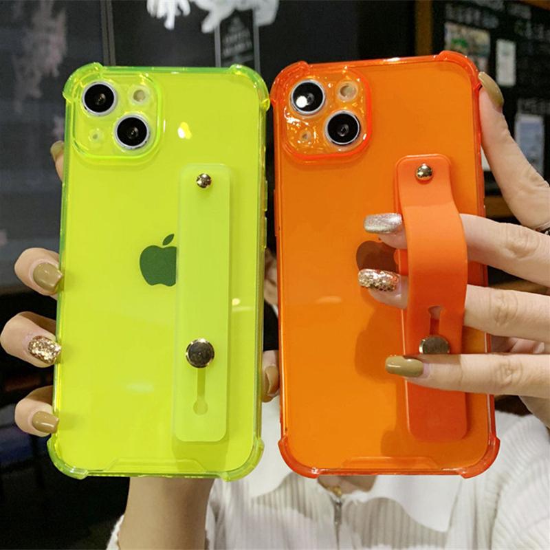 Wrist Strap Fluorescence Shockproof Case For Iphon 13 12 11pro Max Xr Xs Max X 7 8 Plus Transparent Soft Stand Holder Back Cover