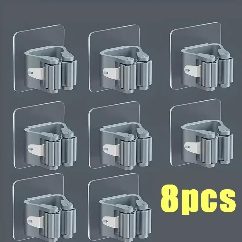 Mop Holder Storage Rack Bathroom Suction Hanging Pipe Traceless Mop Clip Broom Hanger Wall-Mounted Waterproof Rack White Amagi