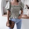 Women Spring Summer Chic Floral Print Shirt Blouse Top Square Collar Short Lantern Sleeve Ruffle Hem Slim Waist Simple Chiffon S-XL