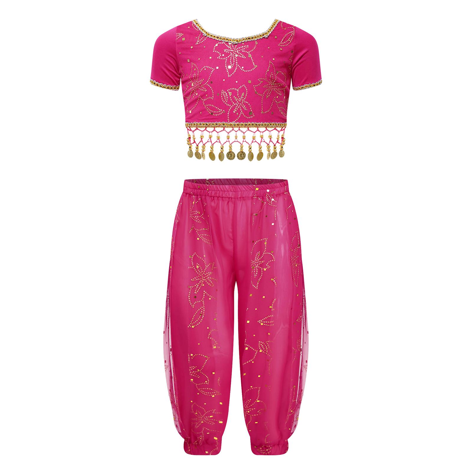 

Дівчата танець живота костюм квітковий друк укорочений топ мереживо до спини блискітками шаровари талії ланцюг вечірній одяг 8-12 Years гарячі рожевого кольору