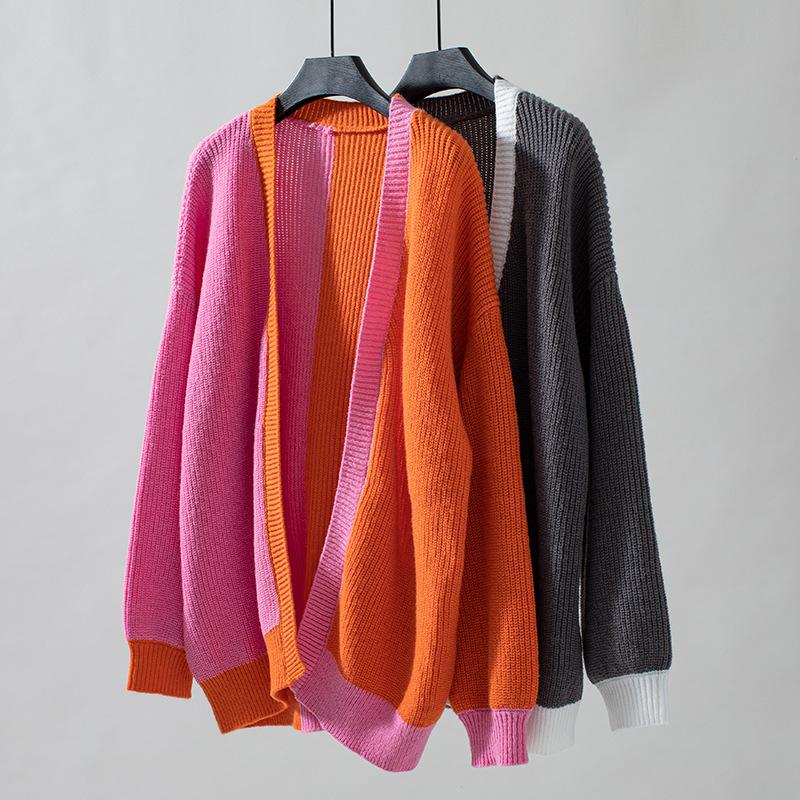 Autumn Winter Vintage Loose Long Sleeve Top Multicolor Cardigan Knitwear V-Neck Sweater