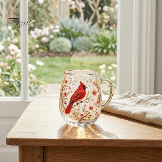 Blumenmuster Glasbecher Morgen-Teetasse, Kolibri-Blumenbecher mit Goldrand, Natur-Motiv Glasware für Kaffee Saft Wein Heiß Kalt
