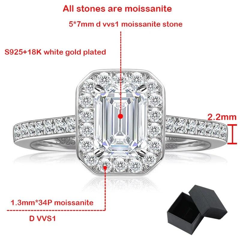 1.35CT Emerald Cut All Moissanite Ring for Women D Color Vvs1 Gem Sparkling Wedding Band 100% S925 Silver Plated 18k Gold