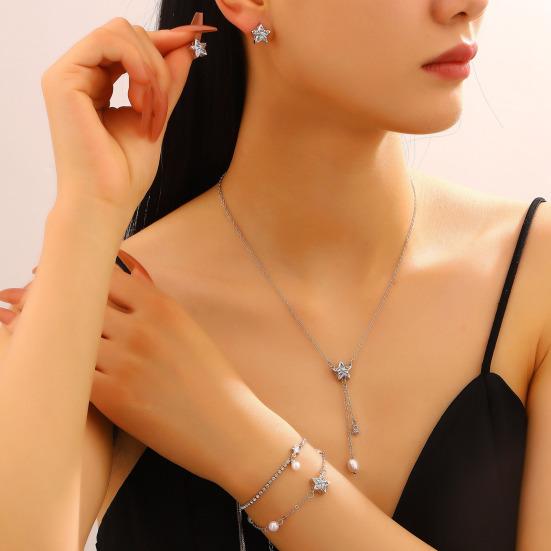 Earrings Necklace Star Shape Ear Studs with Imitation Pearl Detail Adjustable Chain Bracelet Dating Gatherings Jewelry Gift