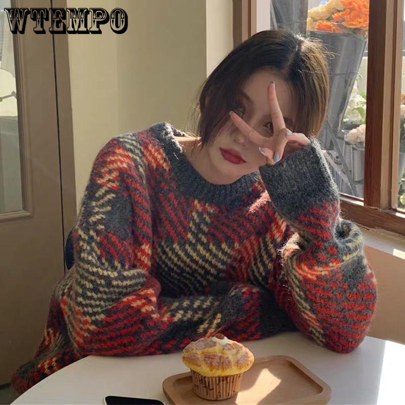 WTEMPO Soft Women's Autumn and Winter  New Plaid Retro Y2K Loose Lazy High-end Sense of Temperament Sweaters