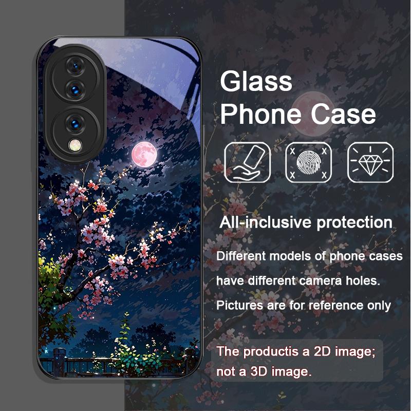 Moon Cherry Blossom Pattern Scenery Tempered Glass Phone Case for Huawei Nova 13 12 11 10 SE Mate 70 60 Pro Plus P60 P40 Covers