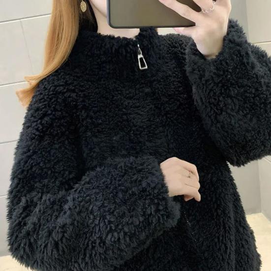 Winter Lady Coat Thickened Double-sided Faux Fleece Solid Color Stand Collar Neck Protection Letter Decor Long Sleeves Keep Warm Outdoor Travel Jacket