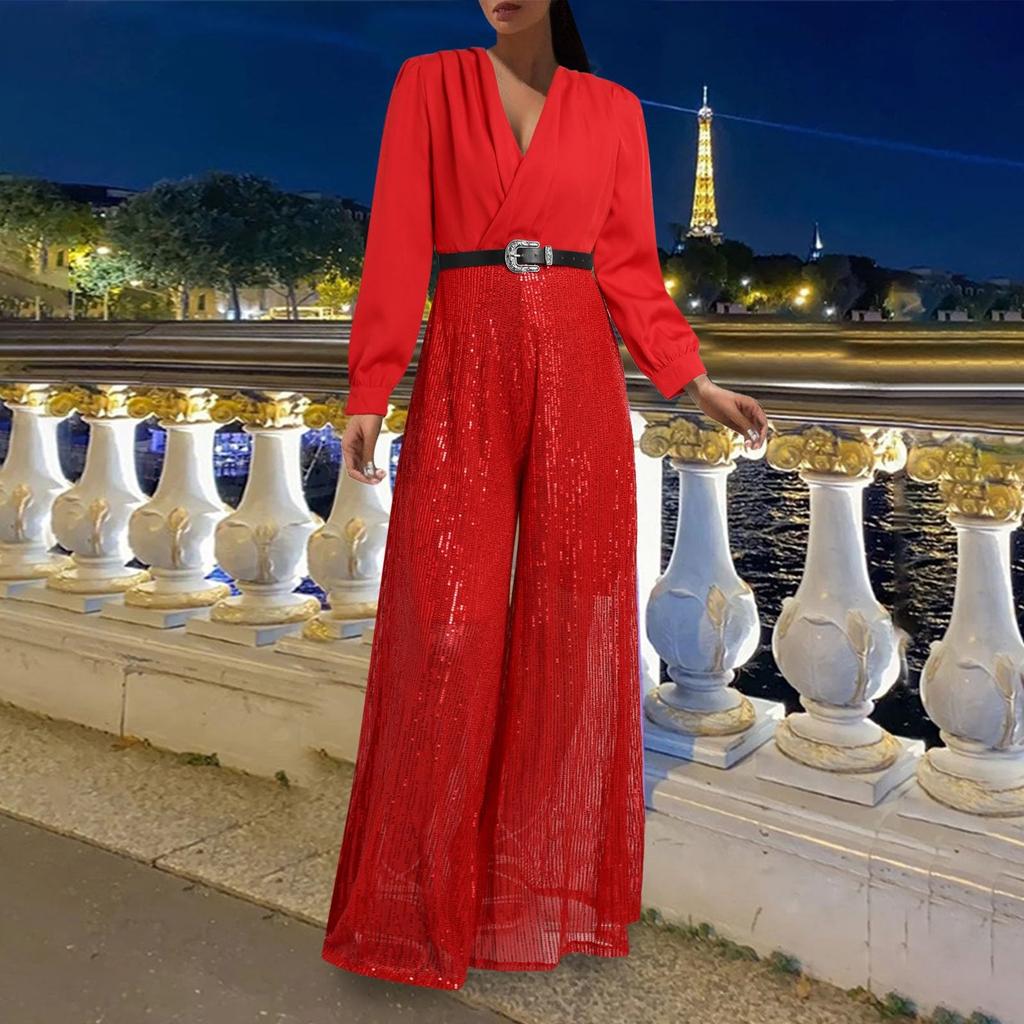 Blouse Fashion pour Femme à Col en V et Manches Longues Élégante et Gracieuse Taille Cintrée pour une Silhouette Flatteuse Combinaison à Jambes Larges Ornée de Sequins