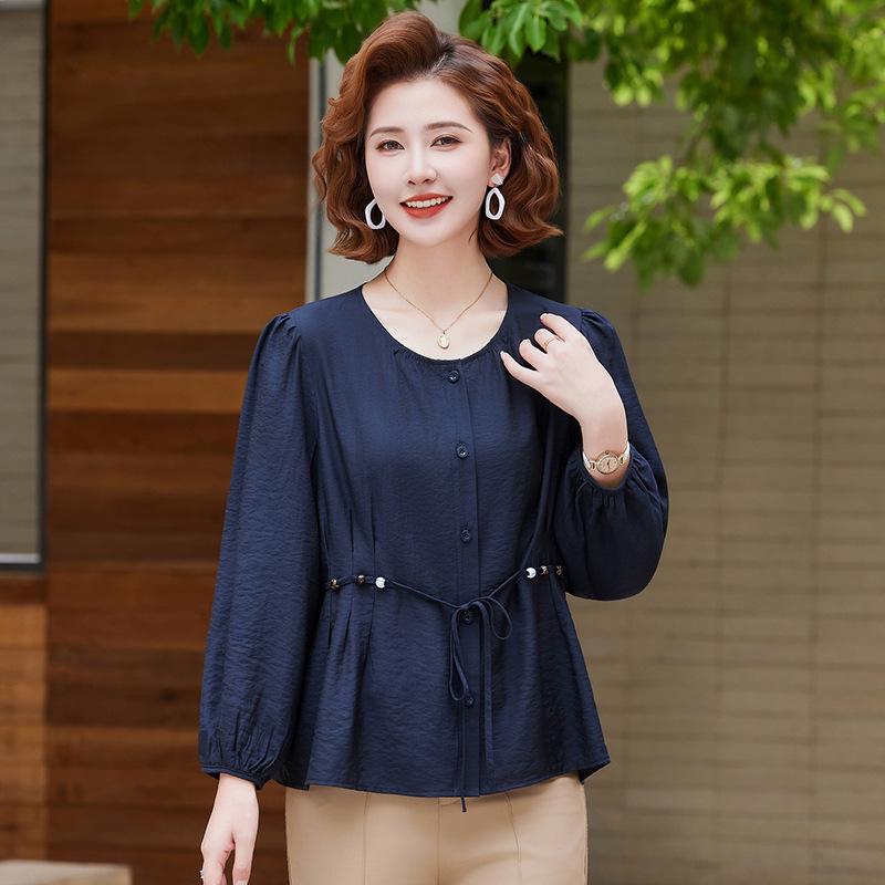 

2026 Spring/Summer Waist-Cinching Slimming T-Shirt for Middle-aged and Elderly Women 4XL for 133-143 lbs темно-синього кольору