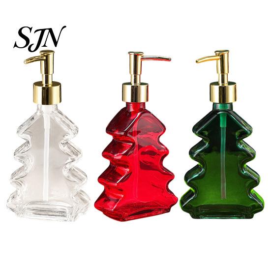 Glass Hand Soap Pump 300ml Christmas Tree Dispenser, Dish Dispenser with Pump, Hotel Guest Room Supplies Xmas Decorative Empty Bottle for Soap,