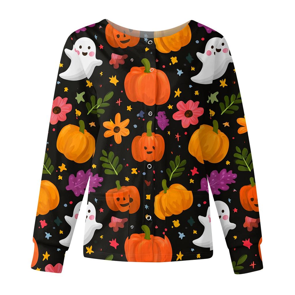 Women's Casual Fashion Long Sleeve Standing Collar Single Breasted Halloween Printed Workwear Jacket Tops