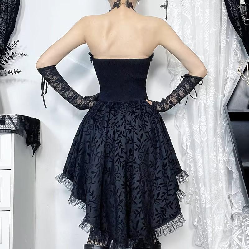 Gothic Goth Dark Lace Patchwork Bandage Strapless Corset Dress Party Gown Fairy Backless Tailed Women