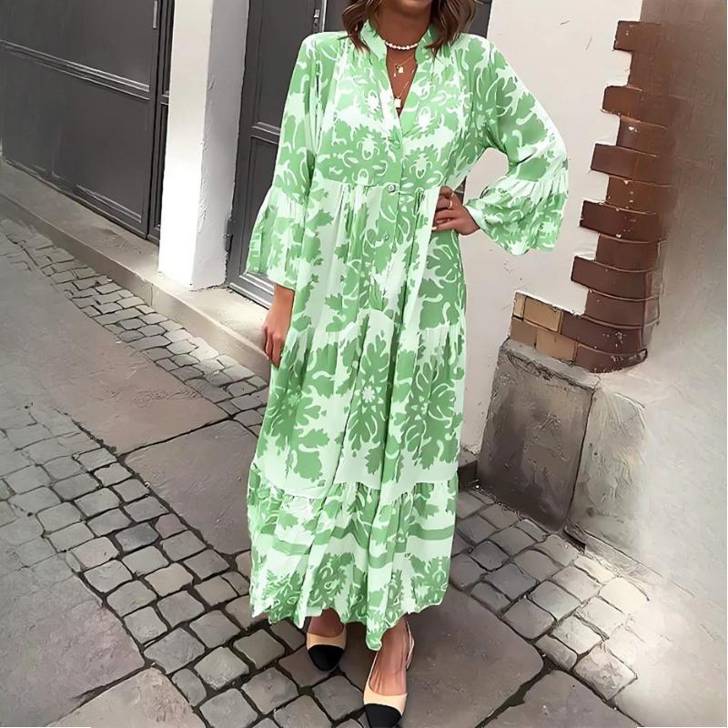 

GMXIA Женские летние платья кэжуал с принтом, воротником-стойкой и рукавами-клеш XL зелёный