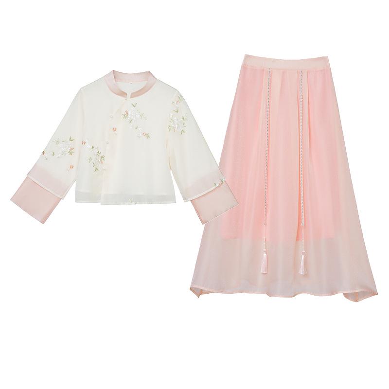 High-Quality Retro Chinese-Style Outfit: Oblique Lapel Stand Collar Top with Frog Buttons & Ethnic Skirt Set